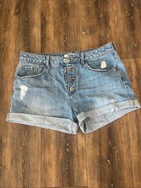Forever 21 Light Blue Distressed Button-Front Denim Shorts